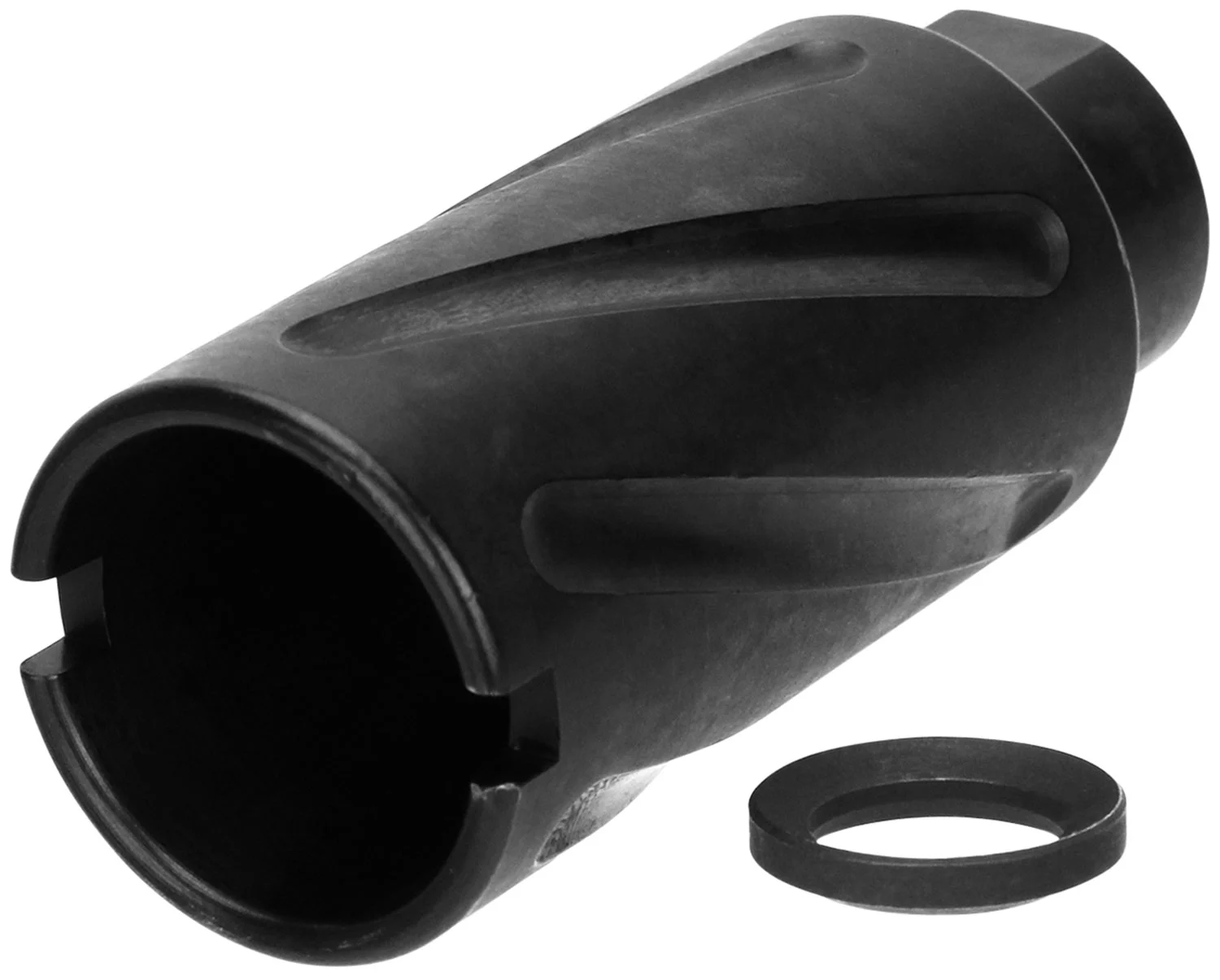 TacFire MZ10079MMN Spiral Fluted Muzzle Brake Black Oxide Steel with 1/2"-36 tpi Threads, 2.60" OAL & 1.12" Diameter for 9mm Luger AR-Platform