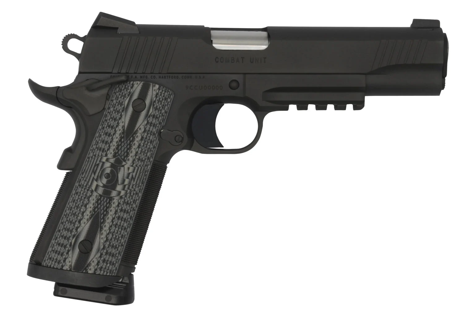 Colt Mfg O1080RGCCU CCU Rail Government 45 ACP 8+1 5" Stainless National Match Barrel, Matte Black DLC Serrated Stainless Steel Slide & Frame w/Picatinny Rail Black Scalloped G10 Grip, Ambidextrous