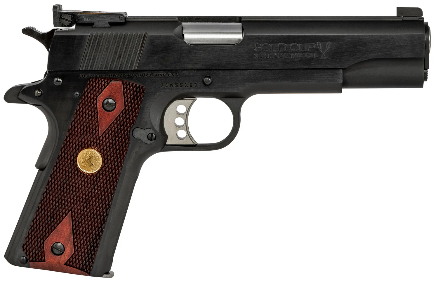 Colt Mfg O5873A1 1911 Gold Cup 38 Super Caliber with 5" National Match Barrel, 9+1 Capacity, Overall Blued Finish Steel, Serrated Slide & Double Diamond Checkered Rosewood Grip