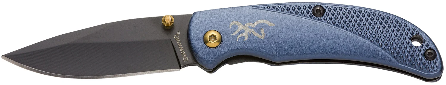 Browning 3220341 Prism 3 EDC Folding 2.38" Plain Black Oxide 7Cr17MoV SS Blade, Navy w/Brass Accents & Logo Anodized Aluminum Handle, Includes Pocket Clip