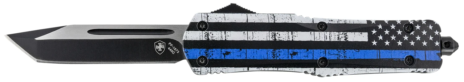 Templar Knife LBTB231 Gen II Back The Blue Large 3.50" OTF Tanto Plain Black Oxide Stonewashed 440C SS Blade, 5.25" Black & White w/Blue Line Aluminum Handle, Glass Breaker