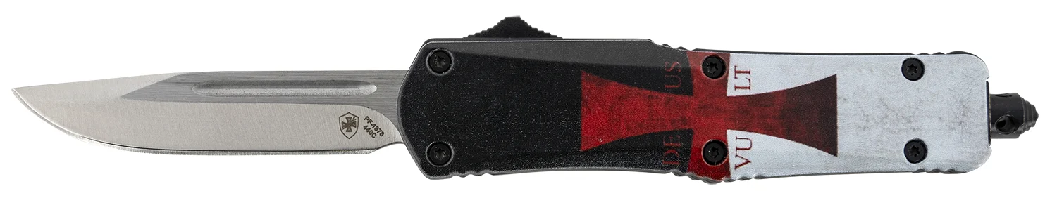 Templar Knife STK332 Gen II Templar Flag Small 2.69" OTF Drop Point Plain Powder Coated 440C SS Blade, 4.31" Templar Flag Aluminum Handle Glass Breaker