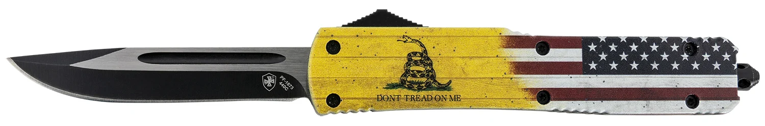Templar Knife MDTOM331 Gen II Don't Tread On Me Slim 3.50" OTF Drop Point Plain Black Oxide Stonewashed 440C SS Blade, 5.05" Yellow w/Flag & "Don't Tread On Me" Aluminum Handle, Glass Breaker