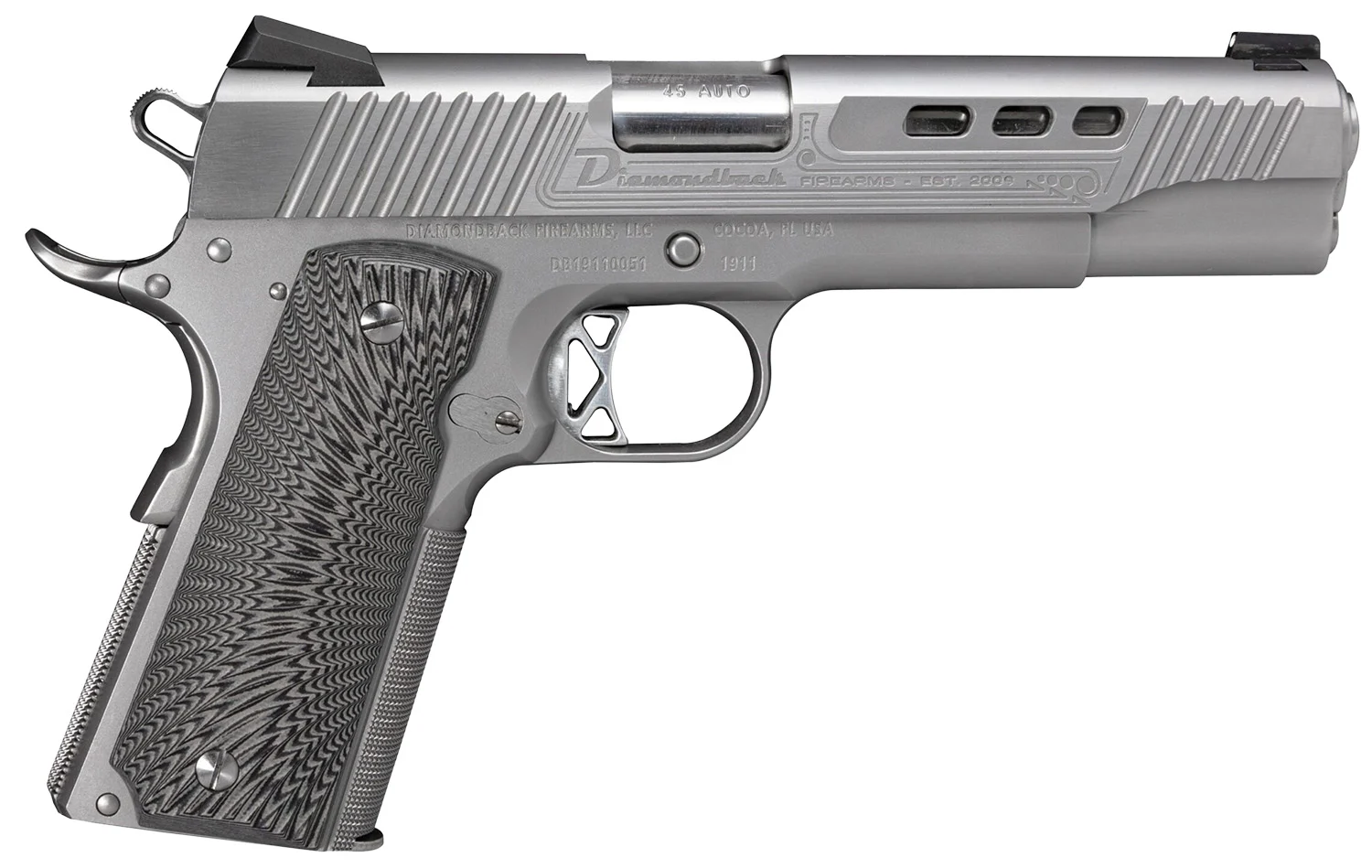 Diamondback DB1911SS 1911 Limited Edition 45 ACP 8+1 5" Stainless Match Grade Barrel, Ported/Serrated Stainless Steel Slide & Frame w/Beavertail, Black G10 Grip