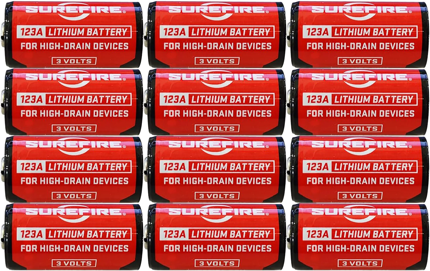 SureFire SF12ABBCS 123A Batteries Red/Black 3.0 Volts 1,550 mAh (12) Single Package Clamshell