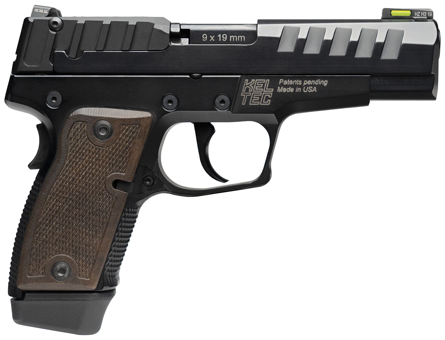 Kel-Tec P15MBLK P15 9mm Luger 15+1 4" Black Steel Barrel, Black Nitride Serrated Steel Slide, Black Anodized Aluminum Frame, American Walnut Grip, Ambidextrous