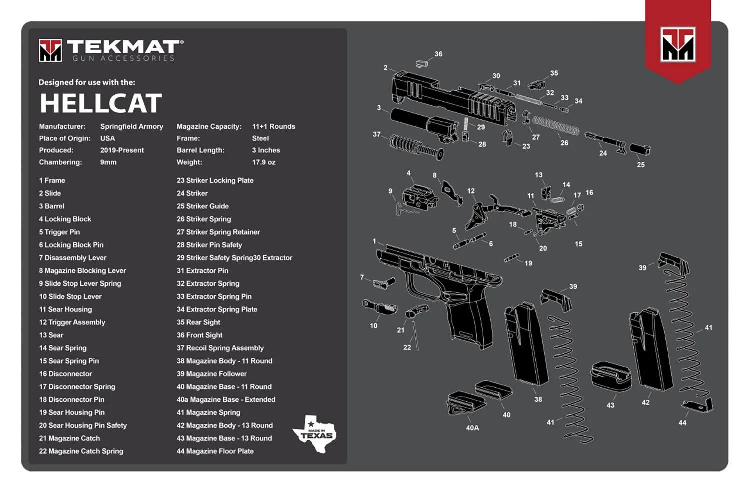 TekMat TEKR17HELLCAT Springfield Armory Hellcat Cleaning Mat Gray/White Rubber 11"x17" Springfield Hellcat Parts Diagram
