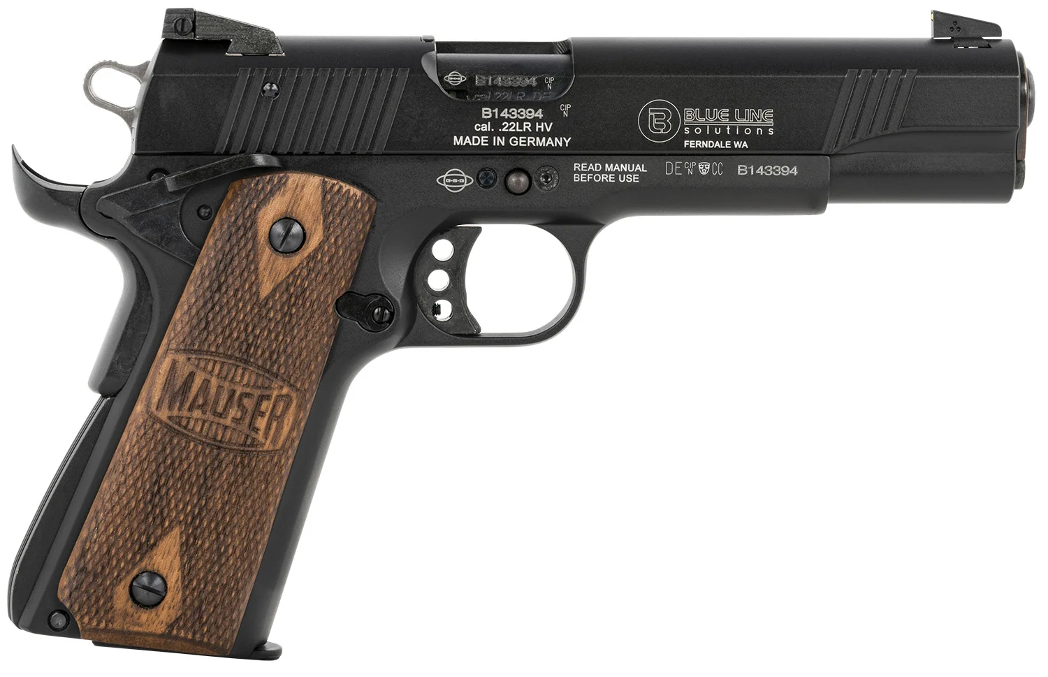 Mauser Rimfire 4110605 1911 22 LR 10+1 5" Black Steel Barrel, Black Aluminum Slide, Black Aluminum Frame w/Beavertail, Walnut Grip, Ambidextrous