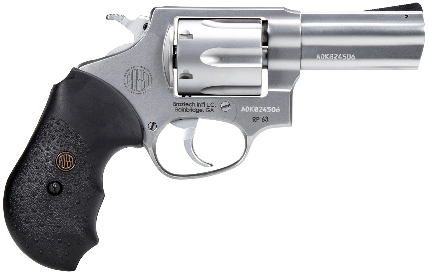 Rossi 2RP639 RP63 Small Frame 357 Mag 6 Shot, 3" Satin Stainless Steel Barrel, Cylinder & Frame, Black Textured Rubber Grip, Hammer Block Safety, Exposed Hammer