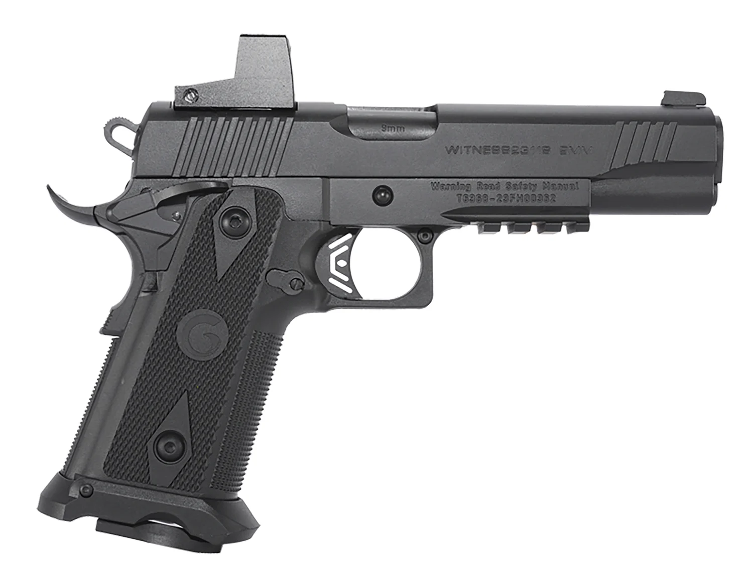Girsan 395020 Witness2311 9mm Luger 17+1 5" Black Steel Barrel, Black Optic Ready/Serrated Steel Slide, Black Polymer Frame w/Beavertail & Picatinny Rail, Black Checkered Polymer Grip, Ambidextrous