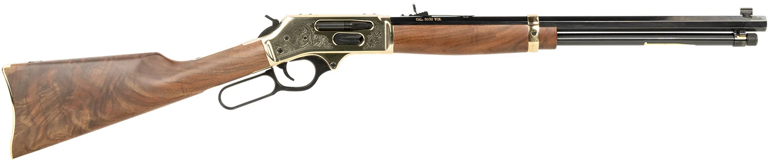 Henry H009BGWL Wildlife 30-30 Win 5+1 20" Blued Octagon, Polished Brass Engraved Rec, American Walnut Furniture, Adj. Brass Buckhorn Sight