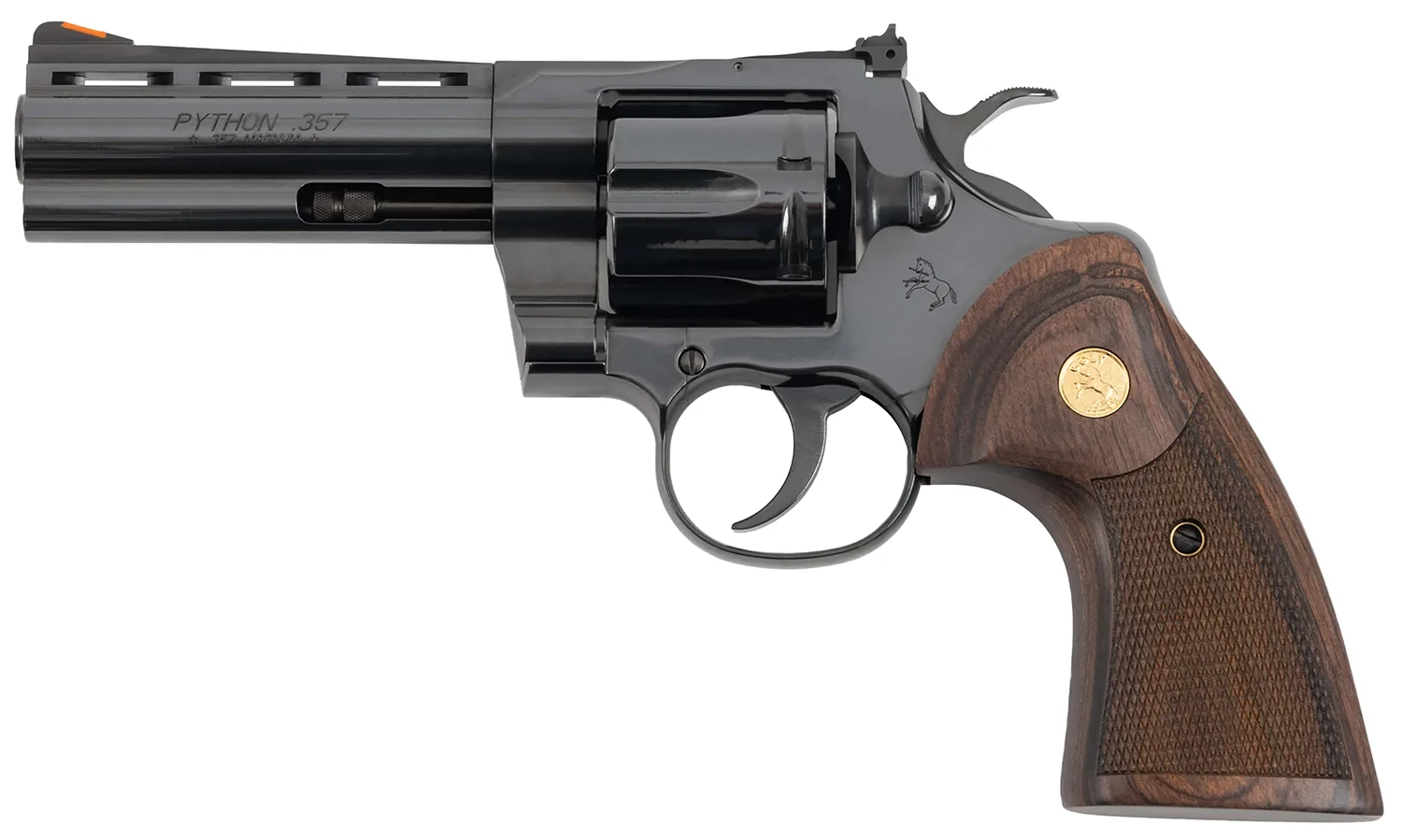 Colt Mfg PYTHONBP4WTS Python Target 357 Mag/38 Special 6 Shot 4.25" Matte Black Carbon Steel Recessed Target Vent Rib Barrel, Cylinder & Frame, Walnut w/Medallion Grip, Exposed Hammer