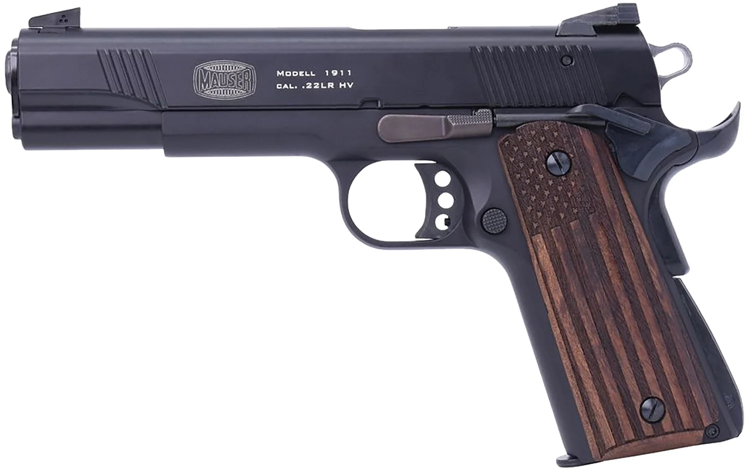 Mauser Rimfire 4110608 1911 22 LR 10+1 5" Black Steel Barrel, Black Serrated Aluminum Slide, Black Aluminum Frame w/Beavertail, Molded Wood Flag Grip, Ambidextrous