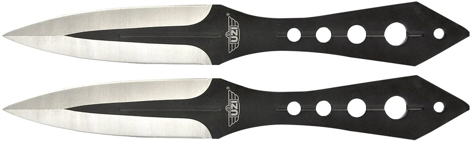 Uzi Accessories UZKTRWTZP Throwing Knives Two Fixed Plain Black/Silver Stainless Steel Blade, Black Stainless Steel Handle, Includes Nylon Holster