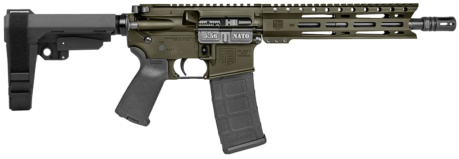 Diamondback DB1916K101 DB15 5.56 NATO 30+1 10" Black Nitride Heavy Threaded Barrel, OD Green Cerakote Picatinny Rail Aluminum Receiver, 9" M-LOK Handguard SB Tactical Brace & Black Magpul MOE Grip
