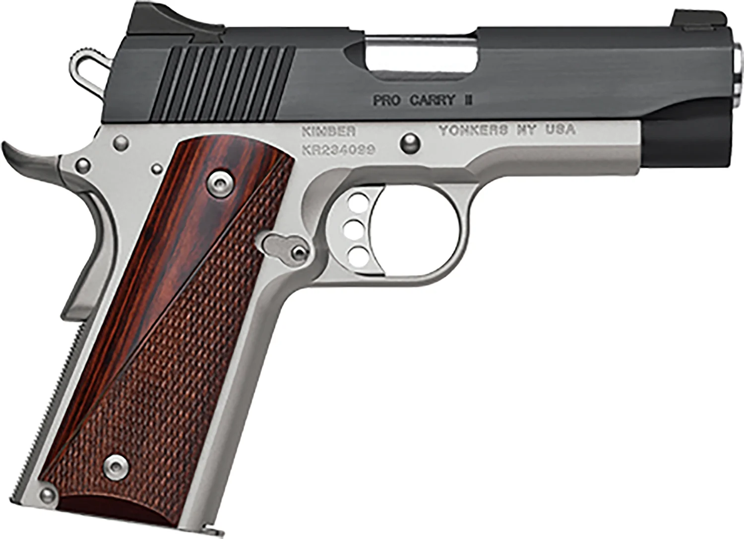 Kimber Mfg, Inc 3200320 Pro Carry II 45 ACP 7+1 4" Stainless Match Grade Barrel, Matte Black Brushed Serrated Steel Slide, Satin Silver Aluminum Frame w/Beavertail, Rosewood Grip