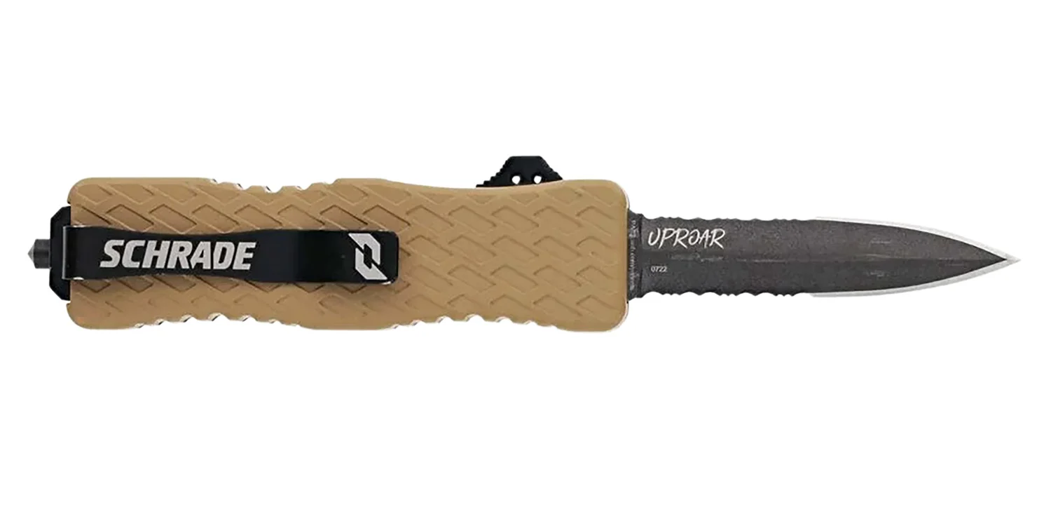 Schrade 1159305 Uproar Automatic 3" OTF Dagger Part Serrated Black Oxide D2 Steel Blade, Flat Dark Earth Textured Aluminum Handle