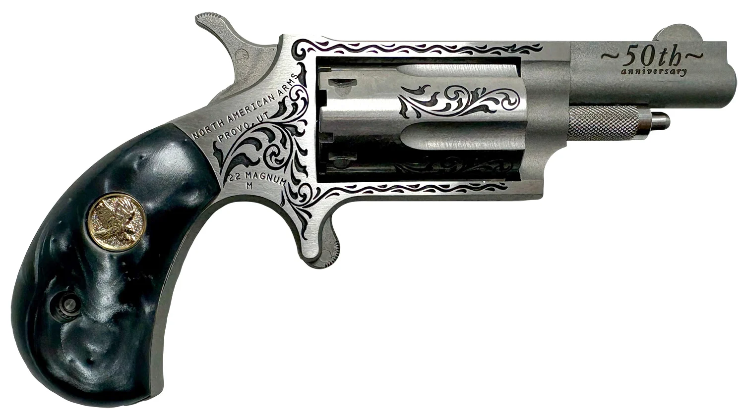 North American Arms 22M50B 50th Anniversary 22 Mag 5 Shot 1.63" Matte Stainless w/"50th Anniversary" & Scroll Engraving, Black Pearl Grip, Exposed Hammer