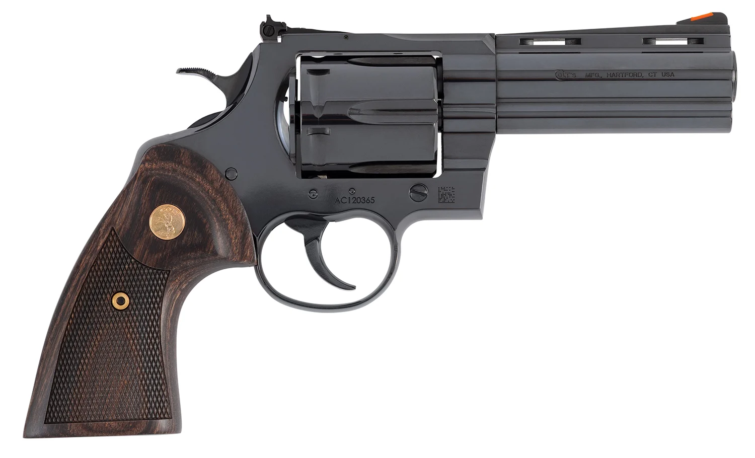 Colt Mfg ANACONDABP4WTS Anaconda Large 44 Mag 6 Shot 4.25" Blued Vent Rib Barrel, Cylinder, Steel Frame, Hogue Finger Grooved Grip, Exposed Hammer