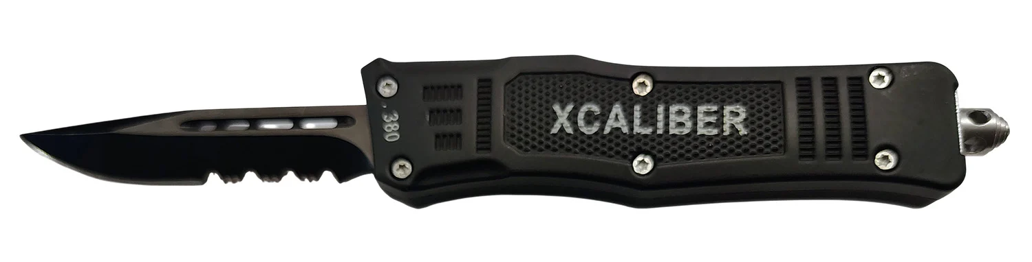 Xcaliber Knife Company 380 ACP Small 2.75" OTF Part Serrated Black 440C SS Blade, 3.91" Steel Handle