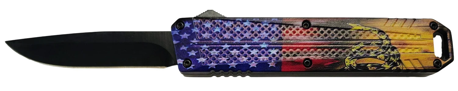 Xcaliber Knife Company Don't Tread on Me Medium 3.20" OTF Drop Point Plain Black 440C SS Blade, 4.80" US Flag Aluminum Handle