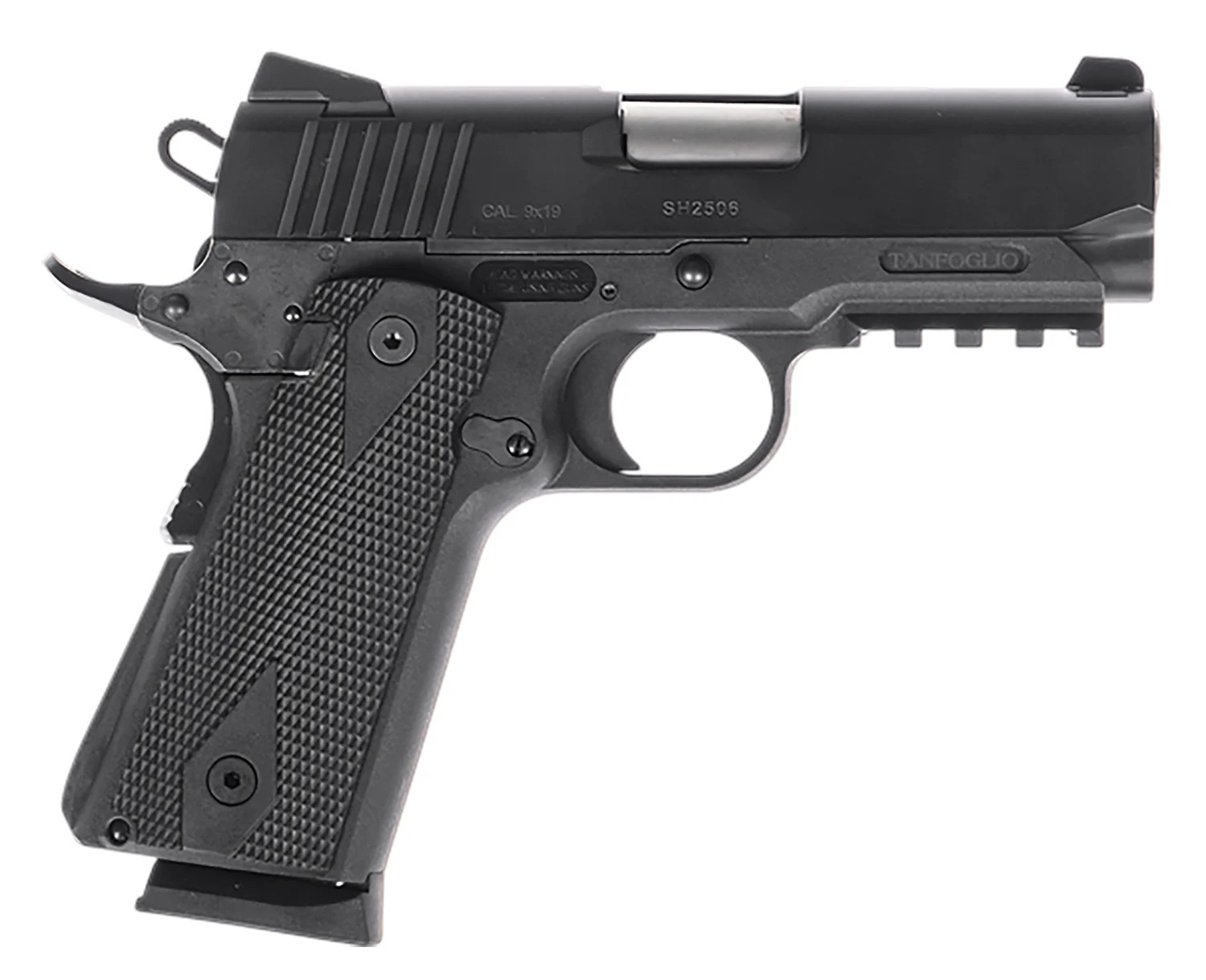 Tanfoglio TFPUGIO9 Pugio Compact 9mm Luger 10+1 3.54" Stainless Bull Barrel, Black Steel Serrated Slide, Black Polymer Frame w/Beavertail & Picatinny Rail, Textured Grip