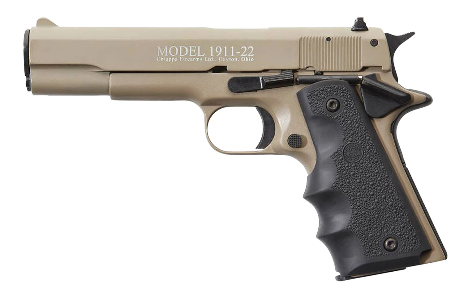 Chiappa Firearms 401120 1911-22 22 LR 10+1, 5" Black Steel Barrel, Tan Serrated Slide, Tan Aluminum Frame w/Beavertail, Black Hogue Rubber Finger Grooved Grip, Manual Thumb Safety, Right Hand