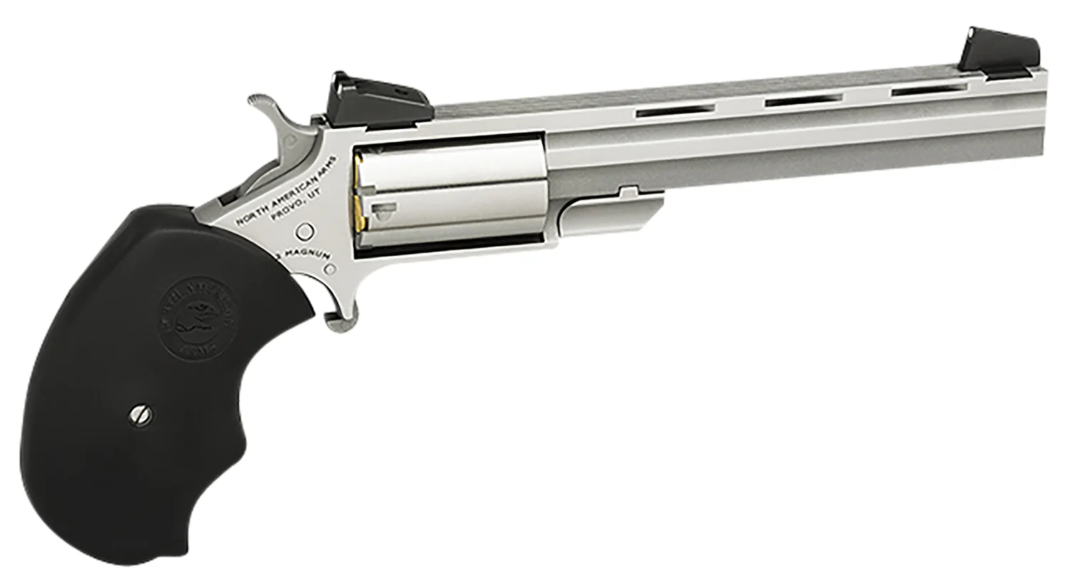 North American Arms MMTL Mini-Master *CA Compliant 22 LR 5 Shot 4" Stainless Steel Vent Rib Barrel, Stainless Steel Frame, Stainless Cylinder, Black Finger Grooved Rubber Grip, Exposed Hammer