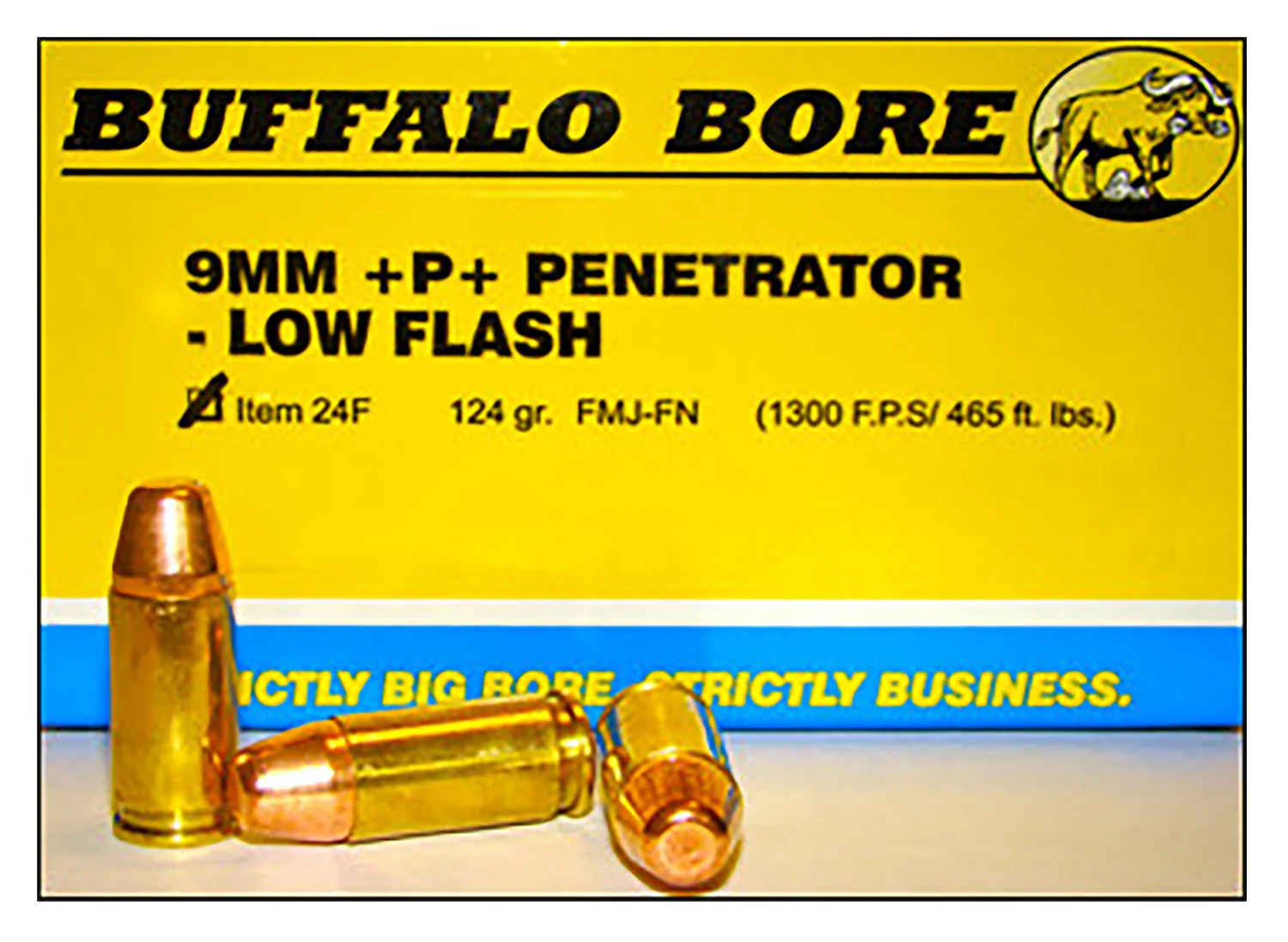Buffalo Bore Ammunition 24F20 Penetrator Strictly Business 9mmLuger +P+ 124gr Full Metal Jacket Flat Nose 20 Per Box/12 Case